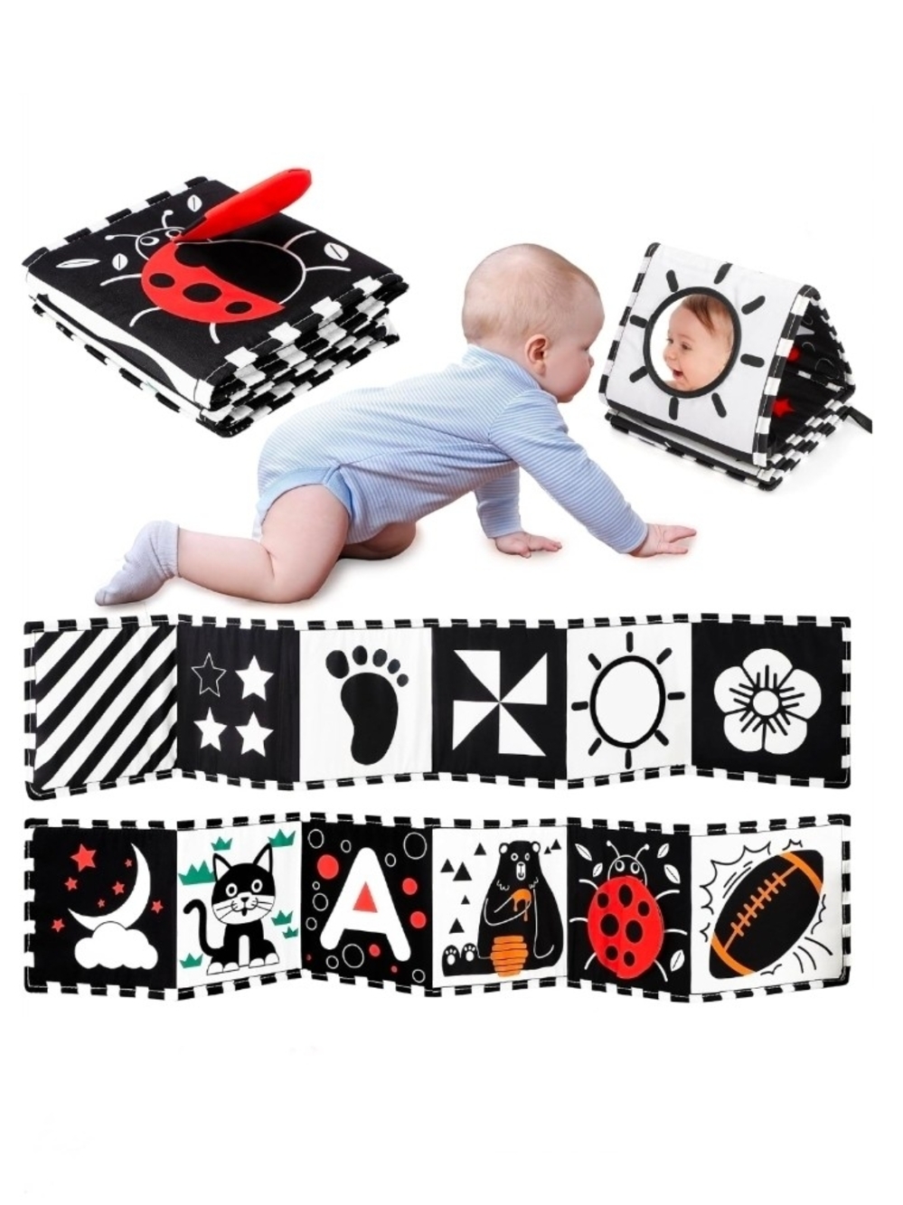 Black & White High-Contrast Baby Cloth Activity Book with Mirror